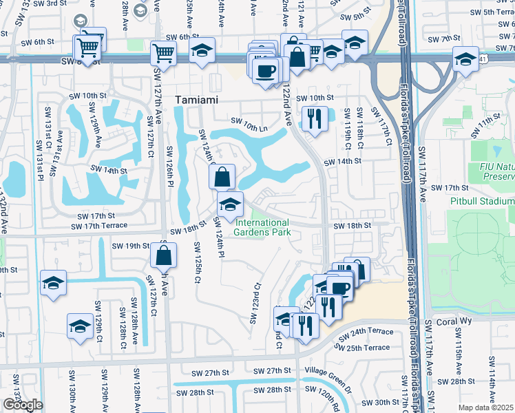 map of restaurants, bars, coffee shops, grocery stores, and more near 12321 Southwest 18th Terrace in Miami