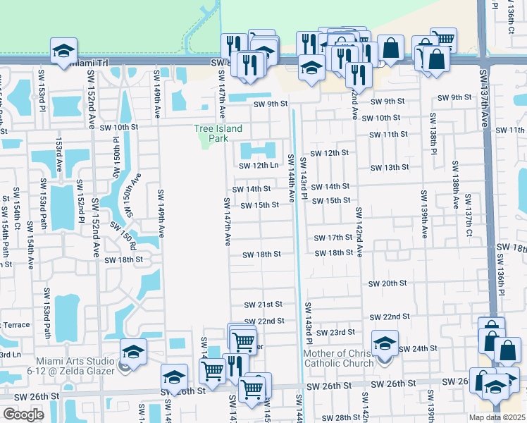 map of restaurants, bars, coffee shops, grocery stores, and more near 14455 Southwest 16th Street in Miami
