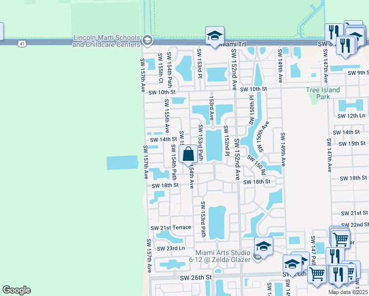 map of restaurants, bars, coffee shops, grocery stores, and more near 1587 Southwest 154th Court in Miami