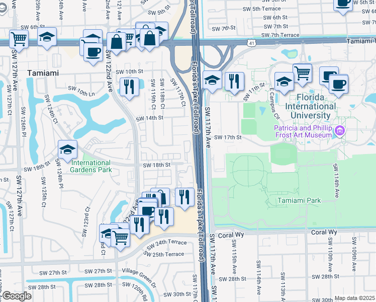 map of restaurants, bars, coffee shops, grocery stores, and more near 11757 Southwest 18th Street in Miami