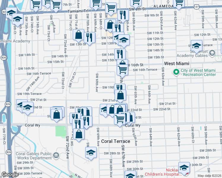map of restaurants, bars, coffee shops, grocery stores, and more near 6800 Southwest 19th Terrace in Miami