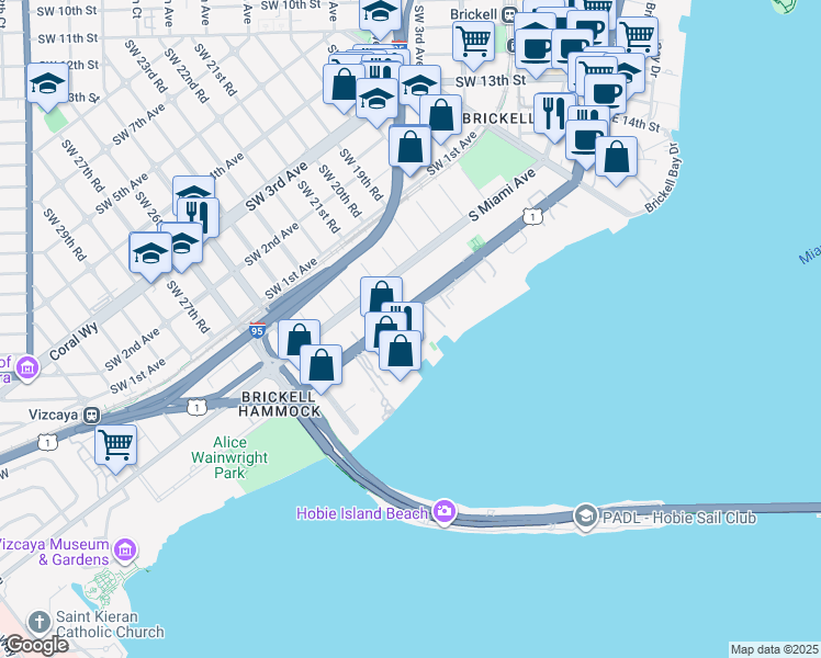 map of restaurants, bars, coffee shops, grocery stores, and more near 2101 Brickell Avenue in Miami