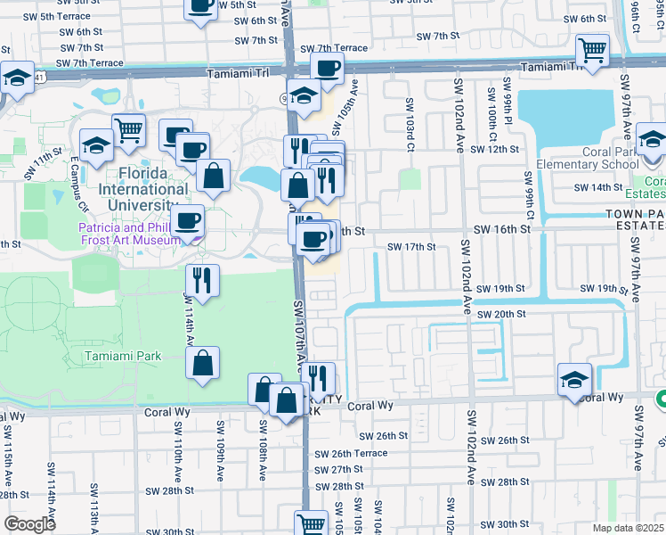 map of restaurants, bars, coffee shops, grocery stores, and more near 1805 Southwest 107th Avenue in Miami