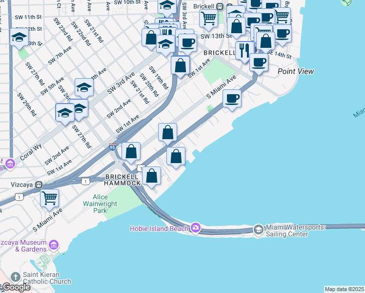 map of restaurants, bars, coffee shops, grocery stores, and more near 2025 Florida 5 in Miami