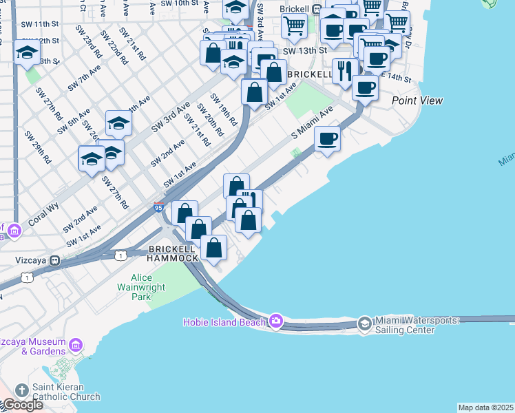 map of restaurants, bars, coffee shops, grocery stores, and more near 2025 Florida 5 in Miami