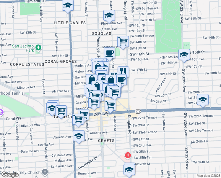 map of restaurants, bars, coffee shops, grocery stores, and more near 1 Alhambra Plaza in Coral Gables