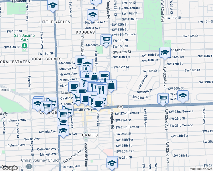 map of restaurants, bars, coffee shops, grocery stores, and more near 50 Minorca Avenue in Coral Gables