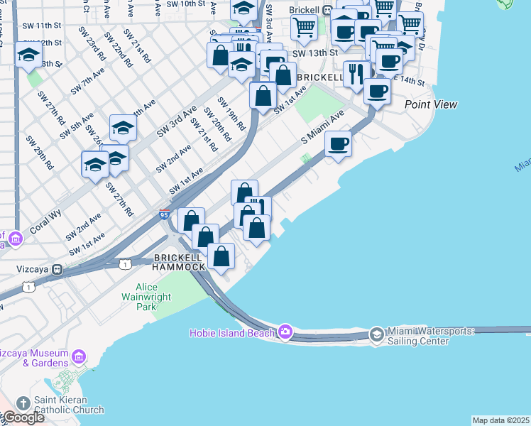 map of restaurants, bars, coffee shops, grocery stores, and more near 2025 Florida 5 in Miami