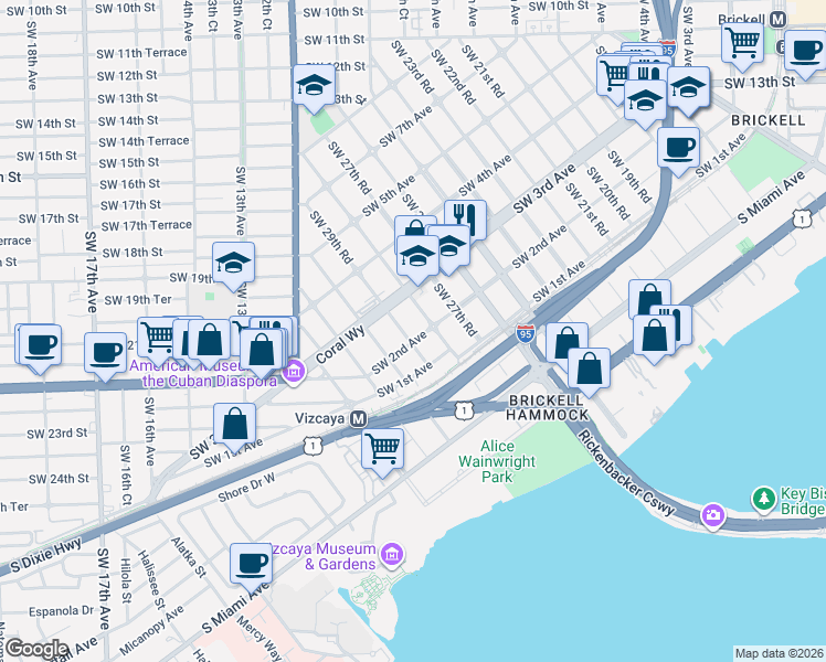 map of restaurants, bars, coffee shops, grocery stores, and more near 236 Southwest 28th Road in Miami