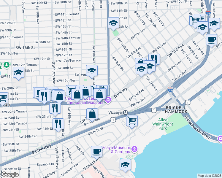 map of restaurants, bars, coffee shops, grocery stores, and more near 1951 Southwest 12th Avenue in Miami