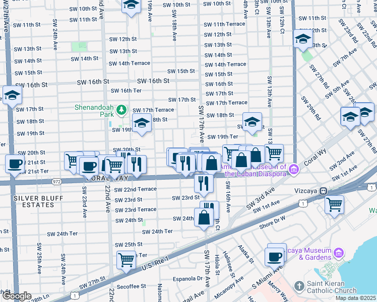 map of restaurants, bars, coffee shops, grocery stores, and more near 1910 Southwest 17th Avenue in Miami
