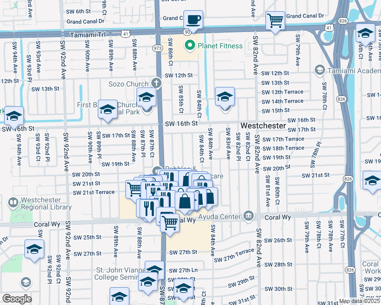 map of restaurants, bars, coffee shops, grocery stores, and more near 1721 Southwest 85th Court in Miami