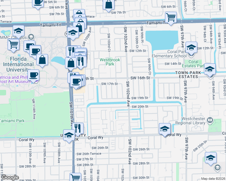 map of restaurants, bars, coffee shops, grocery stores, and more near 1700 Southwest 103rd Avenue in Miami