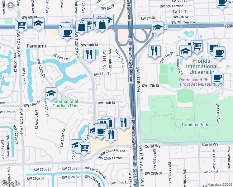 map of restaurants, bars, coffee shops, grocery stores, and more near 11821 Southwest 16th Street in Miami