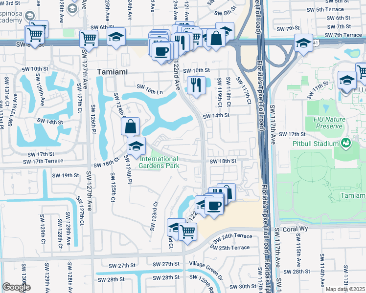 map of restaurants, bars, coffee shops, grocery stores, and more near 12239 Southwest 14th Lane in Miami