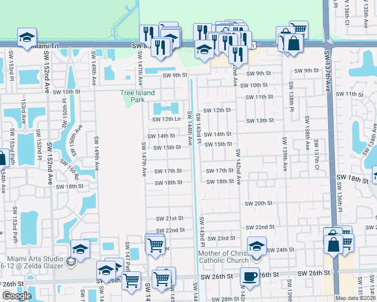 map of restaurants, bars, coffee shops, grocery stores, and more near 1440 Southwest 144 Place in Miami