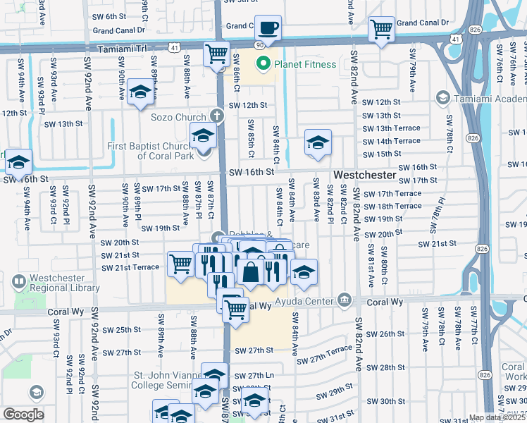 map of restaurants, bars, coffee shops, grocery stores, and more near 1721 Southwest 85th Court in Miami