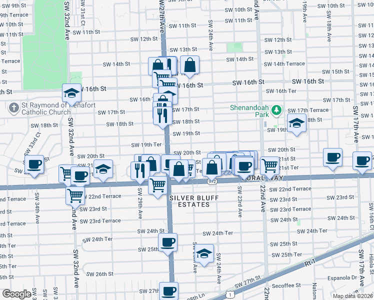 map of restaurants, bars, coffee shops, grocery stores, and more near 2528 Southwest 19th Terrace in Miami