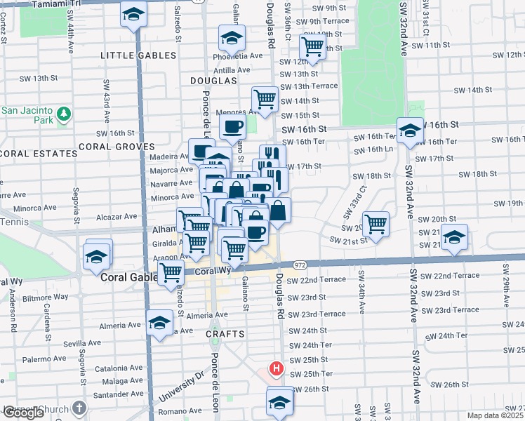 map of restaurants, bars, coffee shops, grocery stores, and more near 1 Alhambra Plaza in Coral Gables
