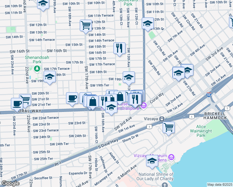 map of restaurants, bars, coffee shops, grocery stores, and more near 1401 Southwest 20th Street in Miami