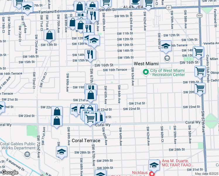 map of restaurants, bars, coffee shops, grocery stores, and more near 6461 Southwest 19th Street in Miami