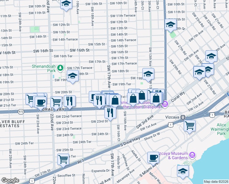 map of restaurants, bars, coffee shops, grocery stores, and more near 1640 Southwest 19th Terrace in Miami
