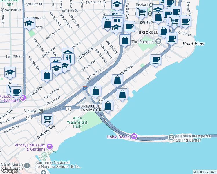 map of restaurants, bars, coffee shops, grocery stores, and more near 2238 South Miami Avenue in Miami