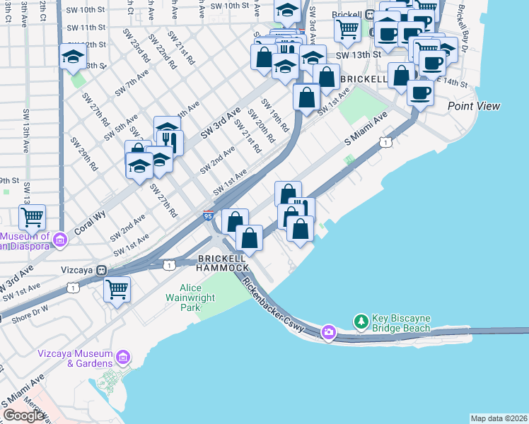 map of restaurants, bars, coffee shops, grocery stores, and more near 2238 South Miami Avenue in Miami