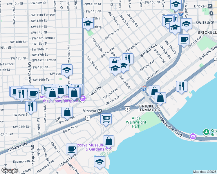 map of restaurants, bars, coffee shops, grocery stores, and more near in Miami