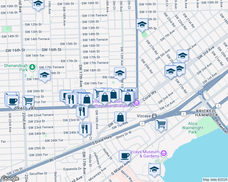 map of restaurants, bars, coffee shops, grocery stores, and more near 3 Southwest 20th Street in Miami