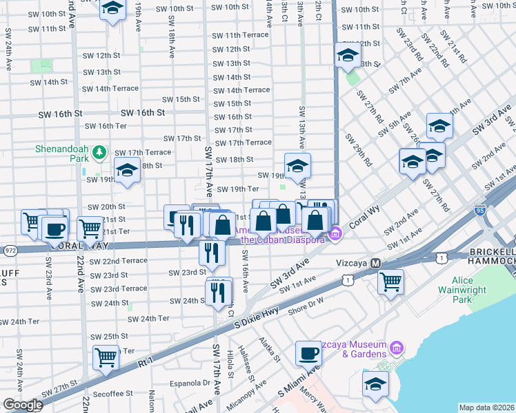 map of restaurants, bars, coffee shops, grocery stores, and more near 1401 Southwest 20th Street in Miami