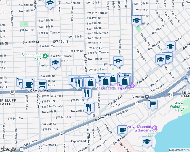 map of restaurants, bars, coffee shops, grocery stores, and more near 1959 Southwest 16th Avenue in Miami