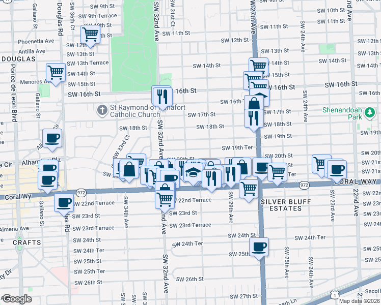 map of restaurants, bars, coffee shops, grocery stores, and more near 3080 Southwest 19th Street in Miami
