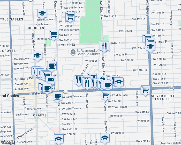 map of restaurants, bars, coffee shops, grocery stores, and more near 1921 Southwest 33rd Avenue in Miami