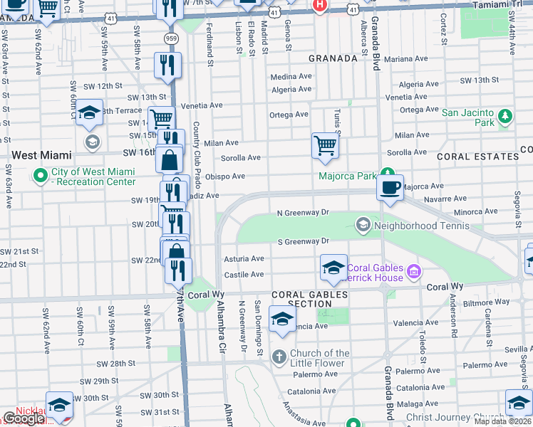 map of restaurants, bars, coffee shops, grocery stores, and more near 1252 Alhambra Circle in Coral Gables