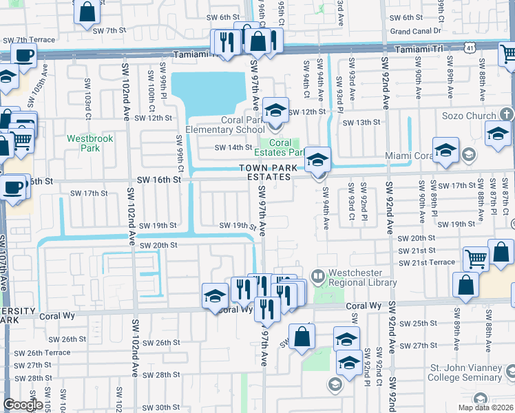 map of restaurants, bars, coffee shops, grocery stores, and more near 1700 Southwest 97th Avenue in Miami