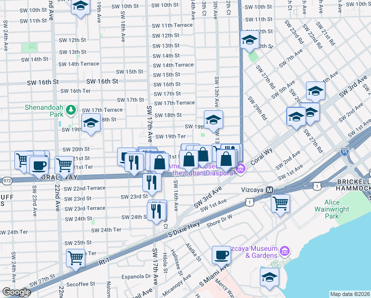 map of restaurants, bars, coffee shops, grocery stores, and more near 1401 Southwest 20th Street in Miami