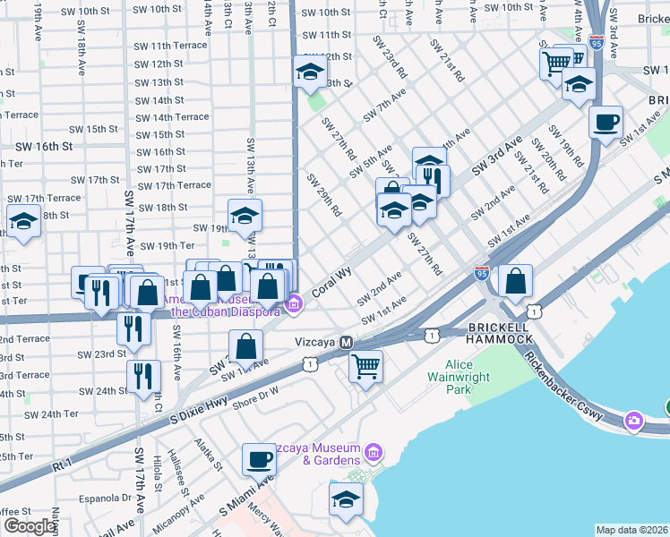 map of restaurants, bars, coffee shops, grocery stores, and more near 3000 Southwest 3rd Avenue in Miami