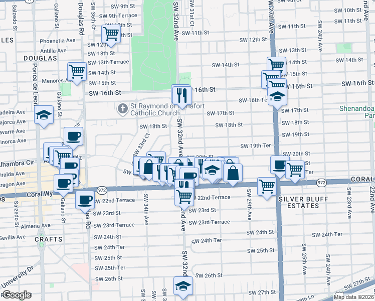 map of restaurants, bars, coffee shops, grocery stores, and more near 3140 Southwest 19th Street in Miami