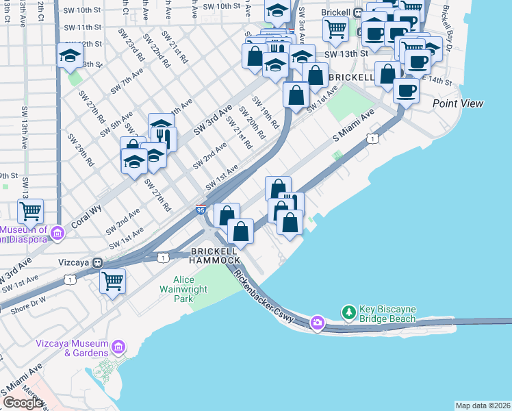 map of restaurants, bars, coffee shops, grocery stores, and more near 2238 South Miami Avenue in Miami