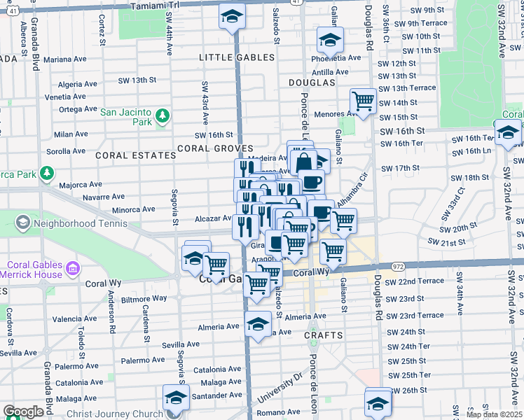 map of restaurants, bars, coffee shops, grocery stores, and more near 354 Minorca Avenue in Coral Gables