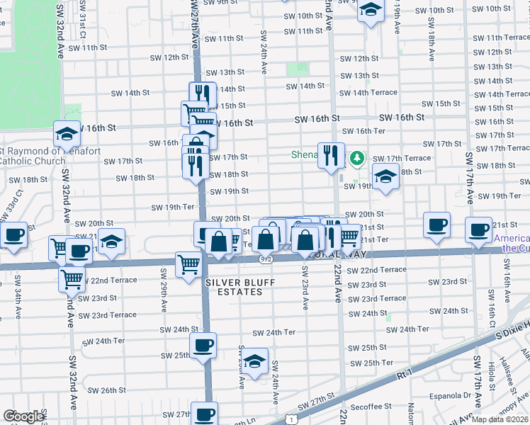 map of restaurants, bars, coffee shops, grocery stores, and more near 2421 Southwest 19th Terrace in Miami
