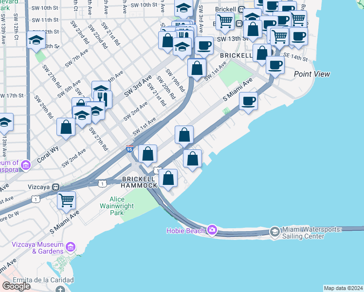 map of restaurants, bars, coffee shops, grocery stores, and more near 2200 Brickell Avenue in Miami