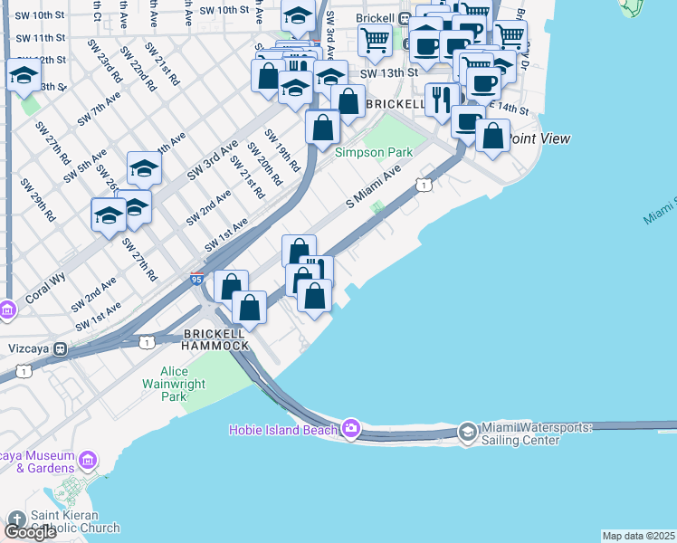 map of restaurants, bars, coffee shops, grocery stores, and more near 2025 Florida 5 in Miami