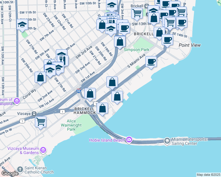 map of restaurants, bars, coffee shops, grocery stores, and more near 2135 South Miami Avenue in Miami