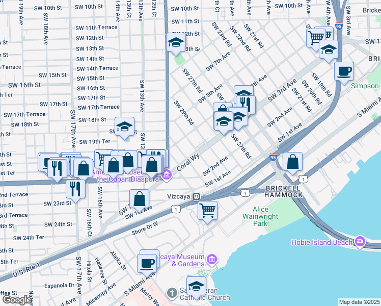 map of restaurants, bars, coffee shops, grocery stores, and more near 344 Southwest 30th Road in Miami