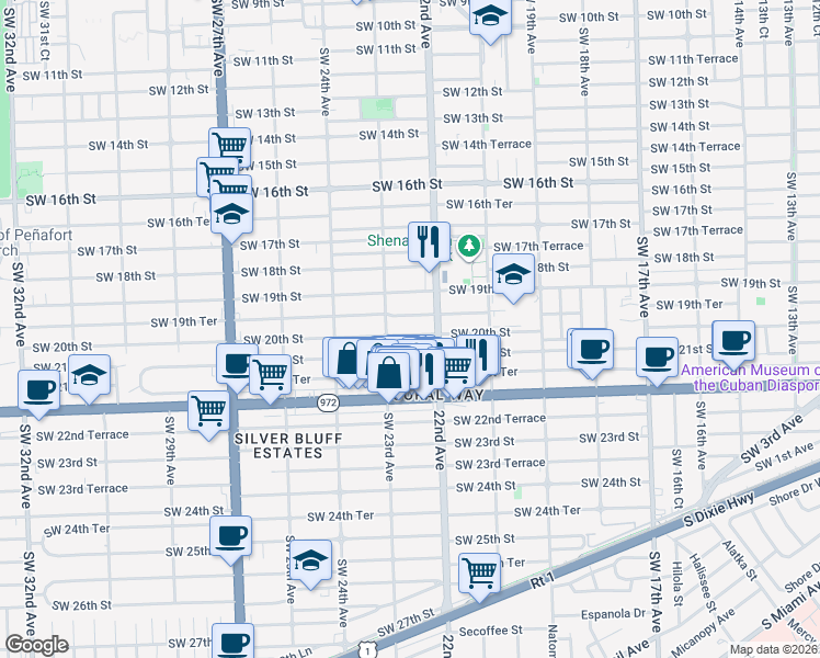 map of restaurants, bars, coffee shops, grocery stores, and more near 2291 Southwest 19th Terrace in Miami