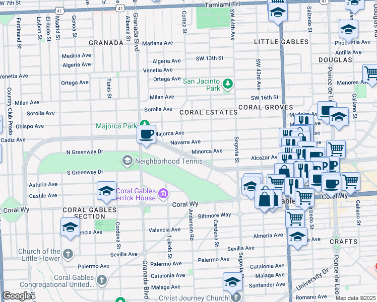 map of restaurants, bars, coffee shops, grocery stores, and more near 748 Navarre Avenue in Coral Gables