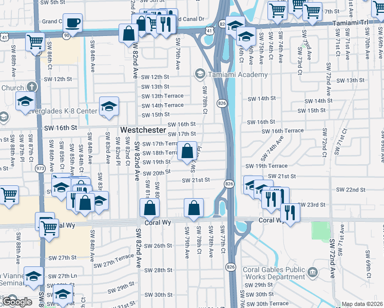 map of restaurants, bars, coffee shops, grocery stores, and more near 7845 Southwest 18th Terrace in Miami