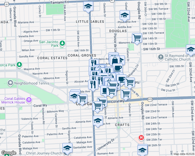 map of restaurants, bars, coffee shops, grocery stores, and more near 354 Minorca Avenue in Coral Gables